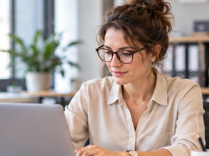 Femme à lunettes qui travaille sur son ordinateur portable