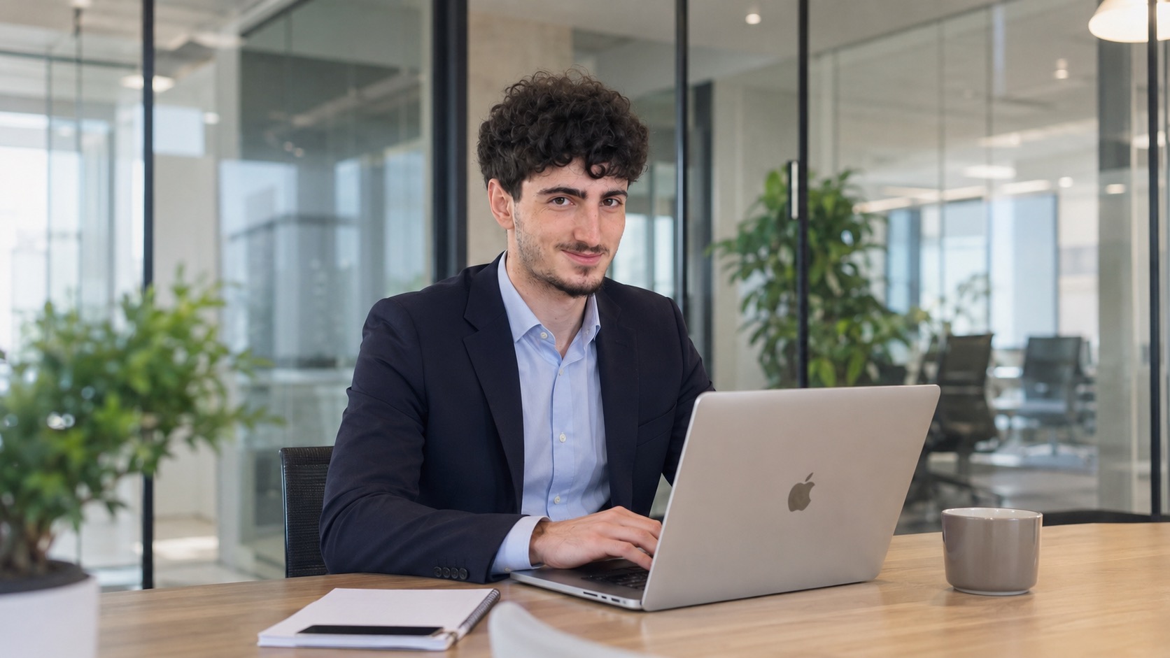 Conseiller souriant au travail sur son ordinateur portable